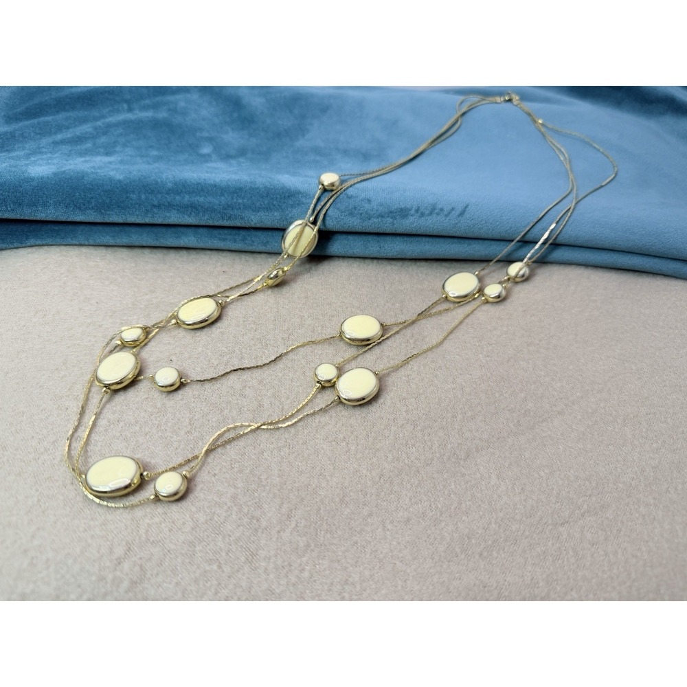 Vintage Avon 1980s Triple Strand Station Necklace Gold Tone Ivory Enamel 29 Inch
